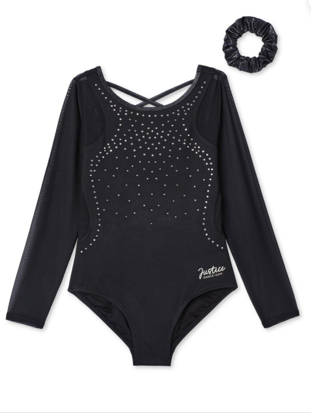 Justice Black Long Sleeve Dance Gymnastic Leotard with Rhinestones and Scrunchie